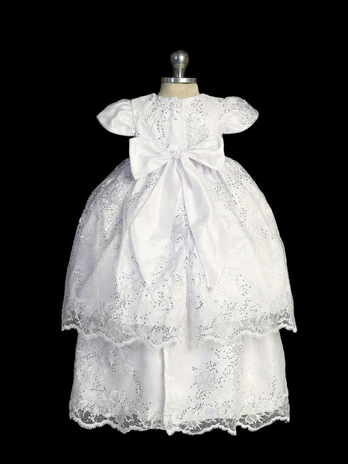 Girls White Metallic Floral Embroidery 2 PC Cap Sleeve Ropone with 3D Flowers, Sizes S-L